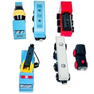 Wooden Trains Truck Cement Crane Red Black Blue Lot 6 Vehicles Kid Toy Toddler